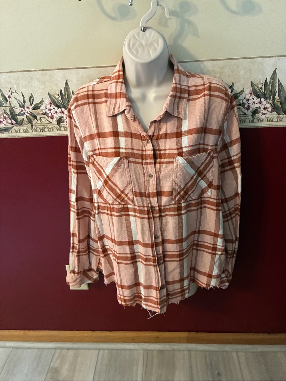 Women’s Casual Pink & Rust Plaid Button-Up Shirt